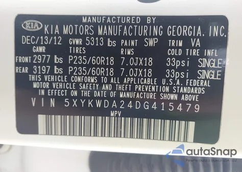 2013 Kia Sorento Sx V6 from USA, damaged, VIN 5XYKWDA24DG415479